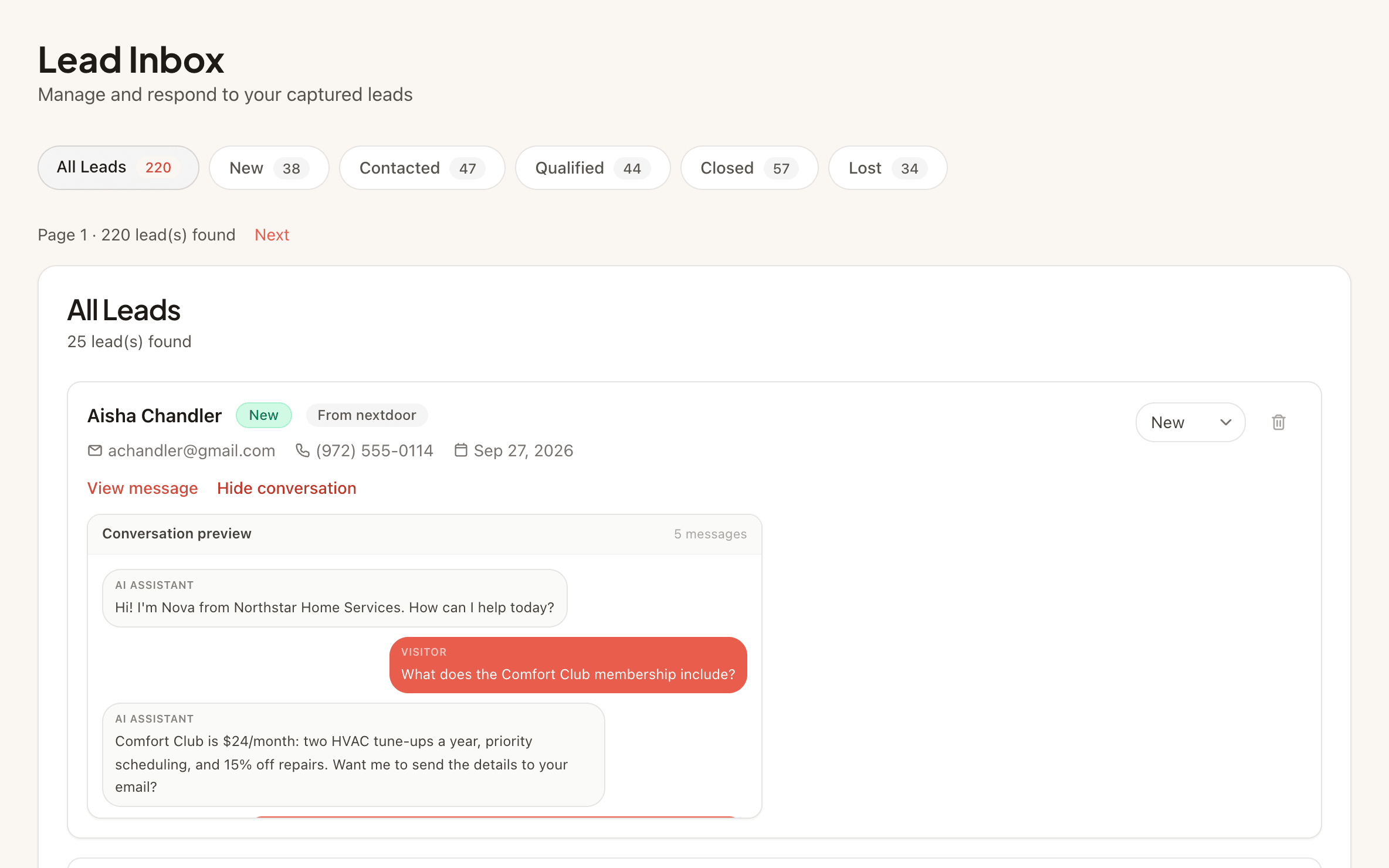 LeadReply lead inbox showing a new lead with contact details, source, and the conversation with the assistant